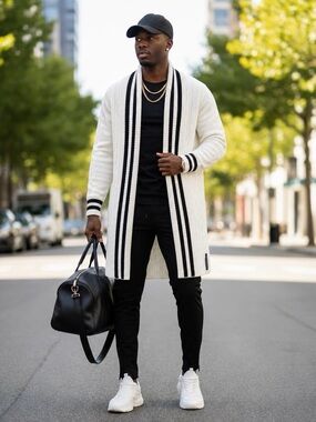 Ron Tomson Striped Longline Cable Knit Cardigan Sweater